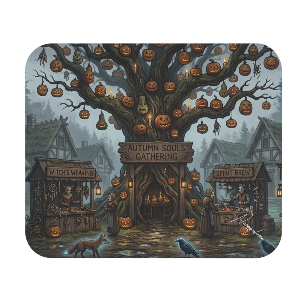 Autumn Souls Gathering Mouse Pad — Halloween Pumpkin Tree Desk Mat