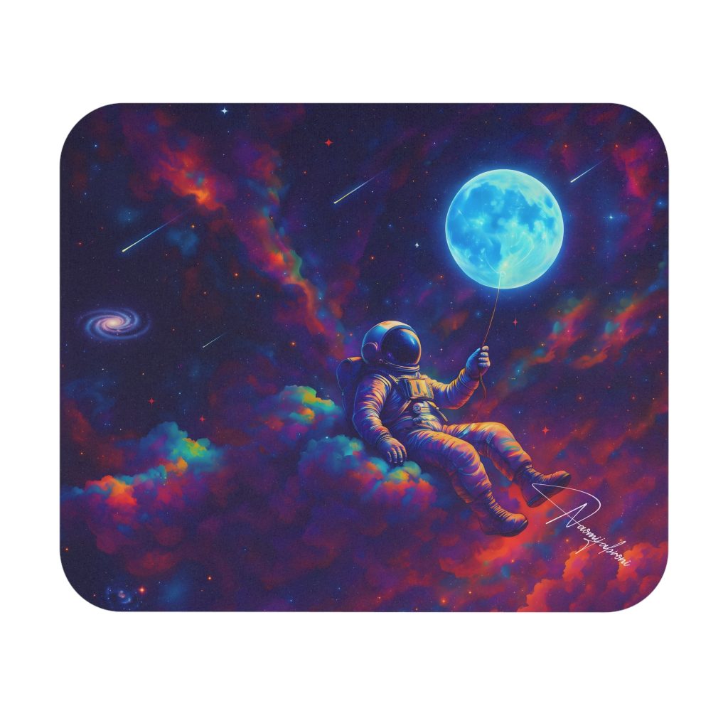 Astronaut Holding Moon Balloon Mouse Pad | Space Nebula Desk Mat