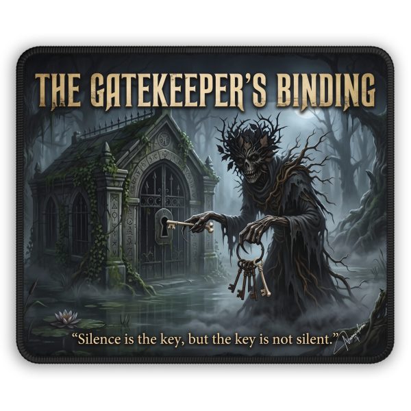 The Gatekeeper's Binding Gaming Mouse Pad — Horror Fantasy Desk Mat with 'Silence is the key, but the key is not silent' Quote