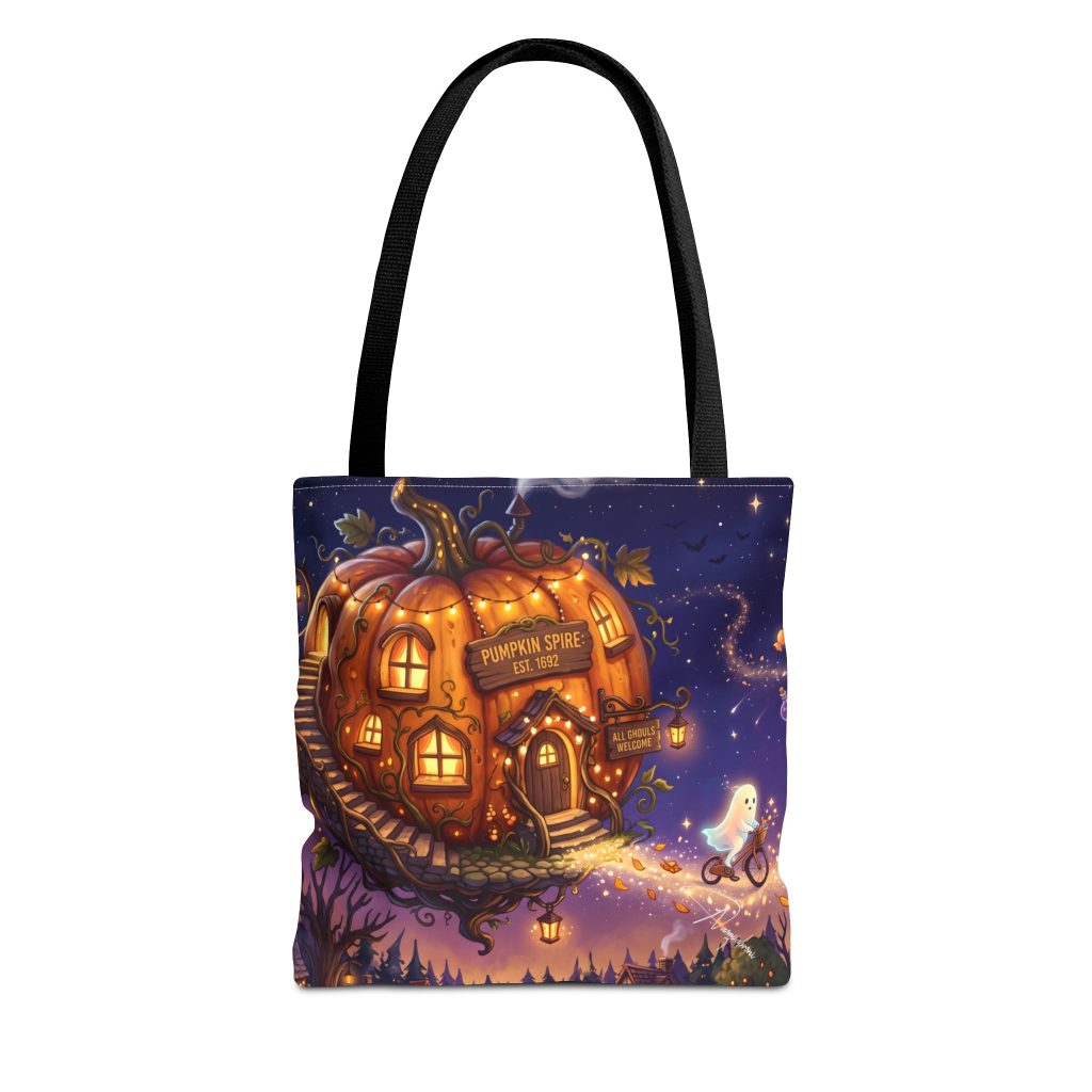 Halloween Pumpkin House Tote Bag – Whimsical Ghost Night Market Reusable Tote