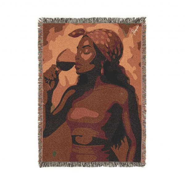 A Taste for Wine Woven Blanket — Cozy Cotton Throw Featuring a Black Woman Sipping Wine.