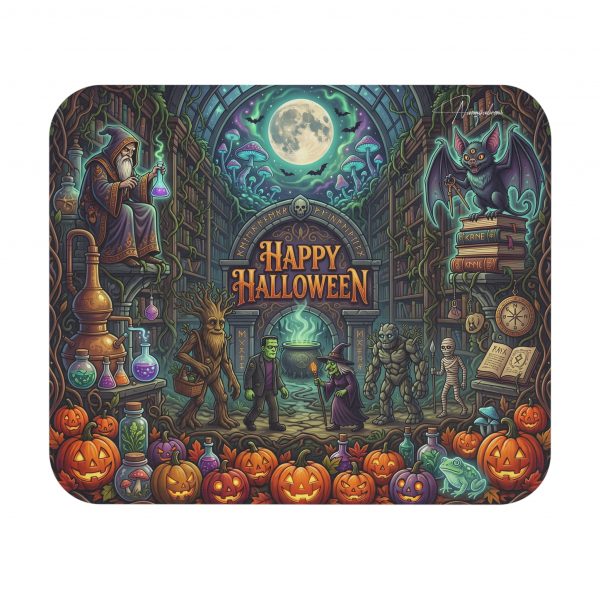 Happy Halloween Wizard Library Mouse Pad — Spooky Jack-o'-Lantern Gaming Desk Mat